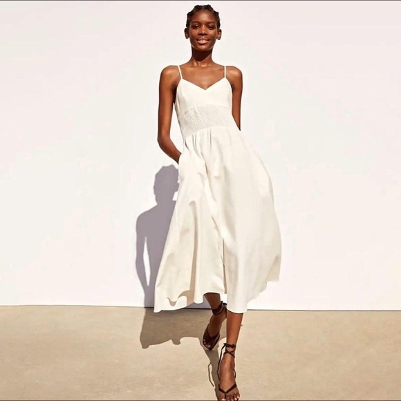 Zara Dresses & Skirts - Zara Elegant White / Cream Linen Blend Midi Dress Size S